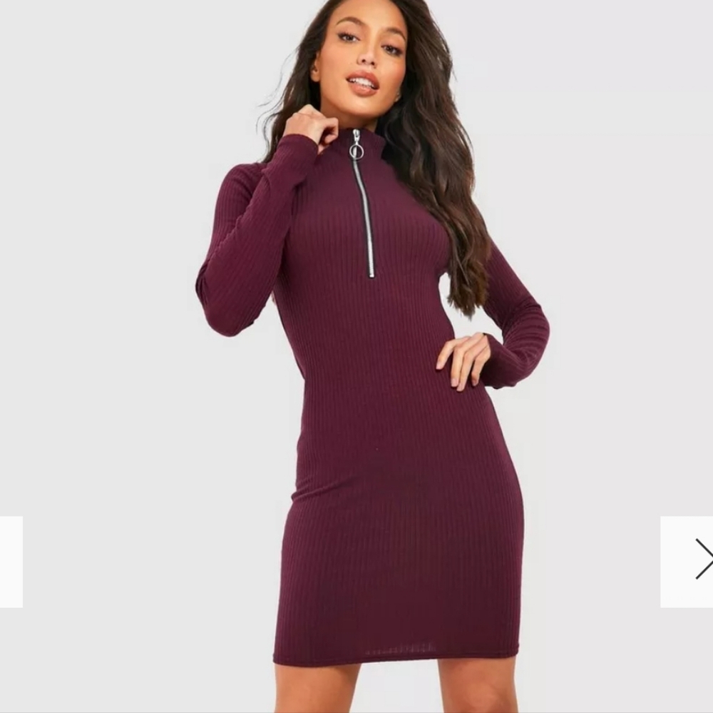 Tall Long Sleeve Zip Front Knitted Rib Mini Dress